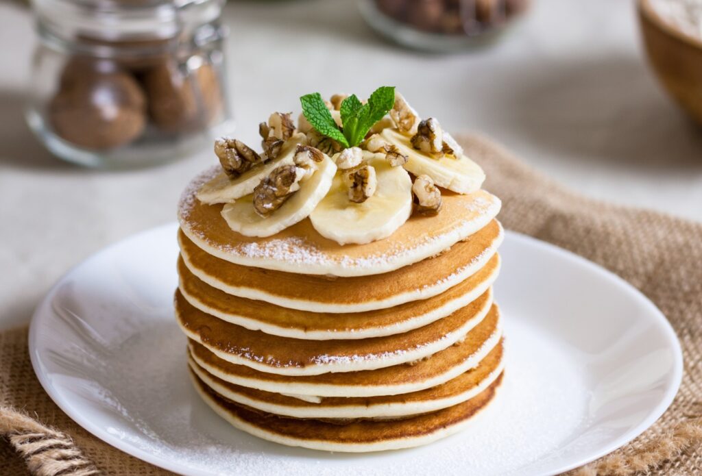 Stack of delicious pancakes with chocolate, honey, nuts and slice